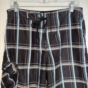 HURLEY Unlined Swim Trunks Mens 32" Black Blue Plaid Logo Embroidered Pocket